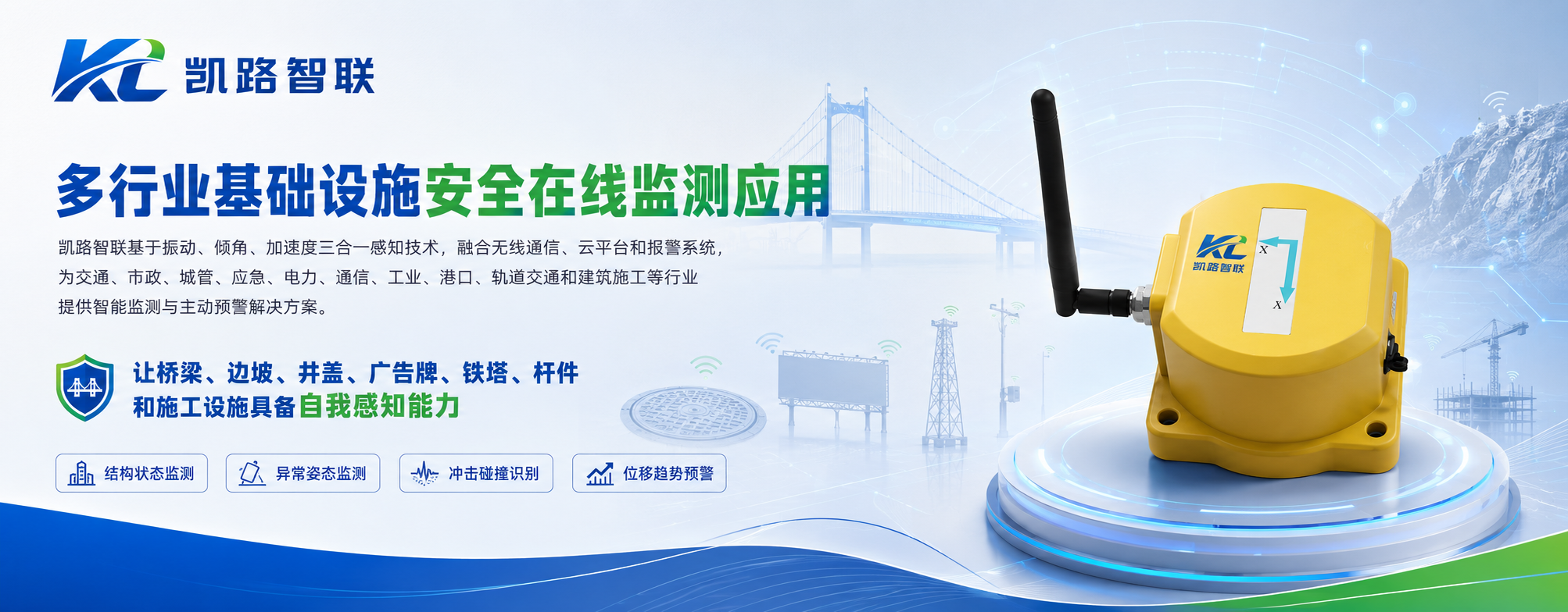 凯路智联多行业基础设施安全在线监测应用，基于振动、倾角、加速度三合一感知技术，为交通、市政、城管、应急、电力、通信、工业、港口、轨道交通和建筑施工等行业提供智能监测与主动预警解决方案。